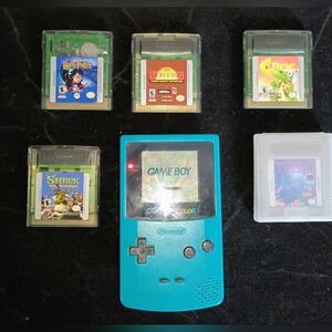 Vintage 90's Teal Blue Nintendo Game Boy w/ 5 Games